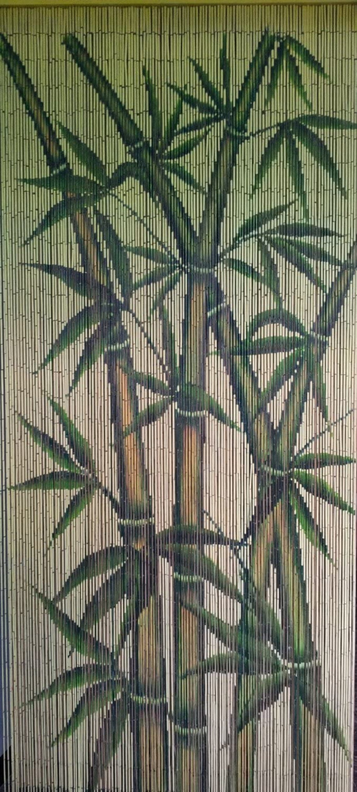 Tropical Bamboo Stalks Handmade String Beaded Doorway Curtain Room Divider Wooden Painted Art