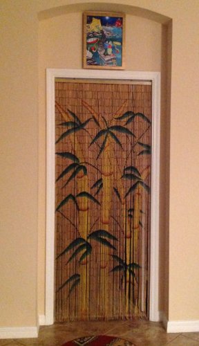 Tropical Bamboo Stalks Handmade String Beaded Doorway Curtain Room Divider Wooden Painted Art