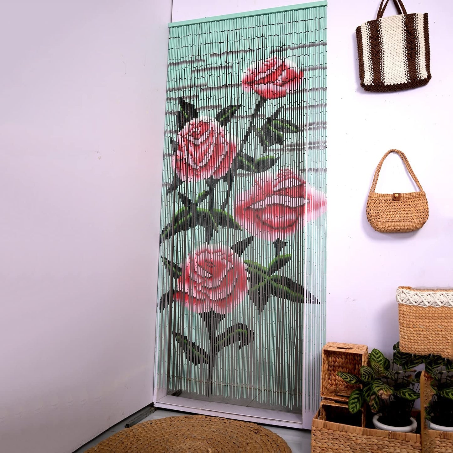 Rose Flower Bamboo Bead Curtain Handmade Hand Painted Home Decor Wall Art Hanging