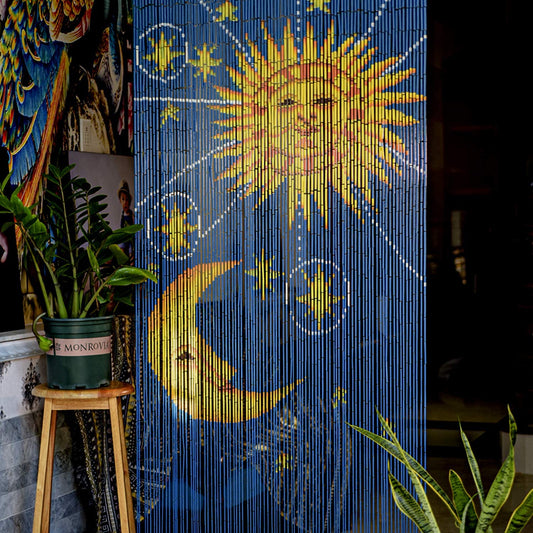 Sun and Moon Bead Bamboo Curtain Handmade Hand Printed Doorway Home Decor Wall Art Hanging