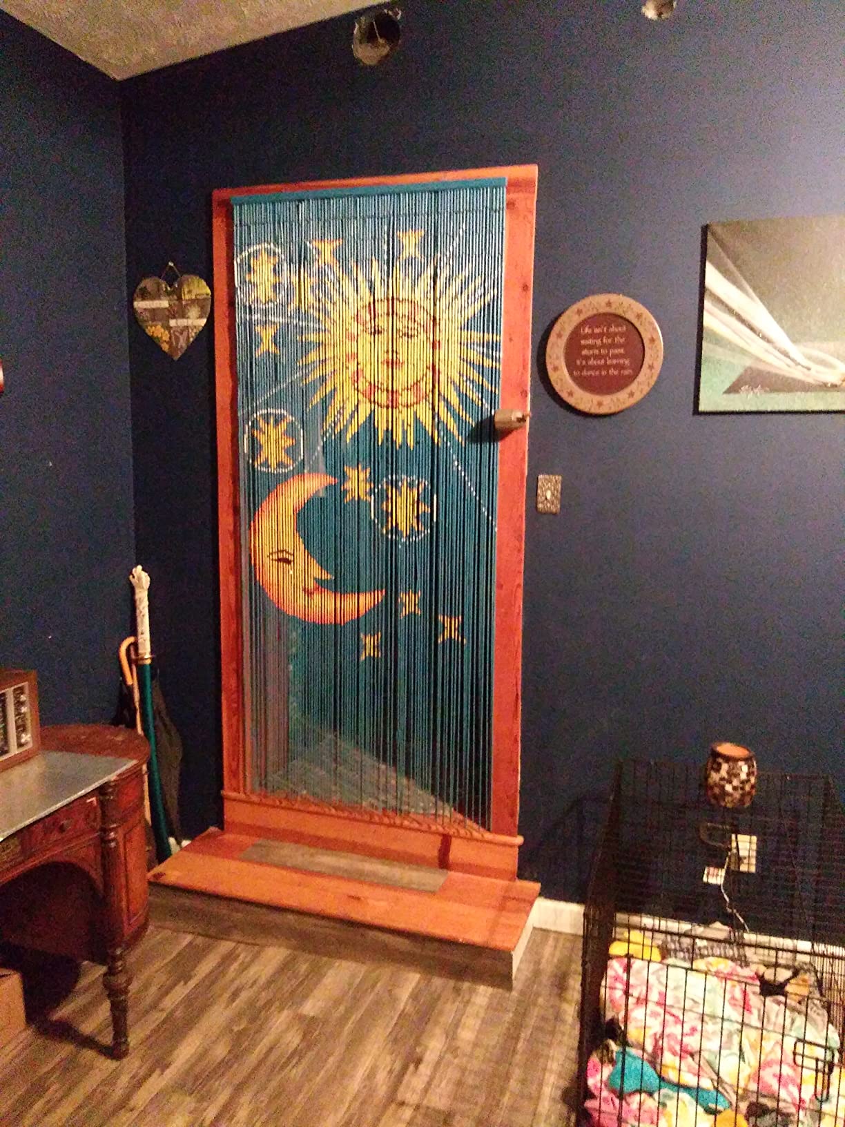 Sun and Moon Bead Bamboo Curtain Handmade Hand Printed Doorway Home Decor Wall Art Hanging